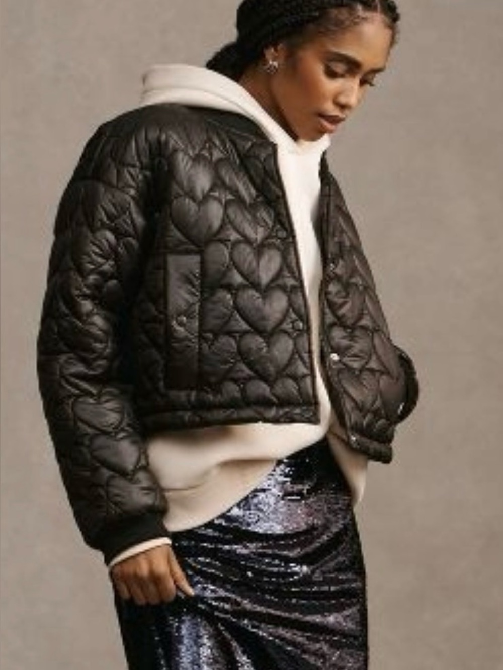 Maeve Quilted Heart Cropped Bomber Jacket Size M Black